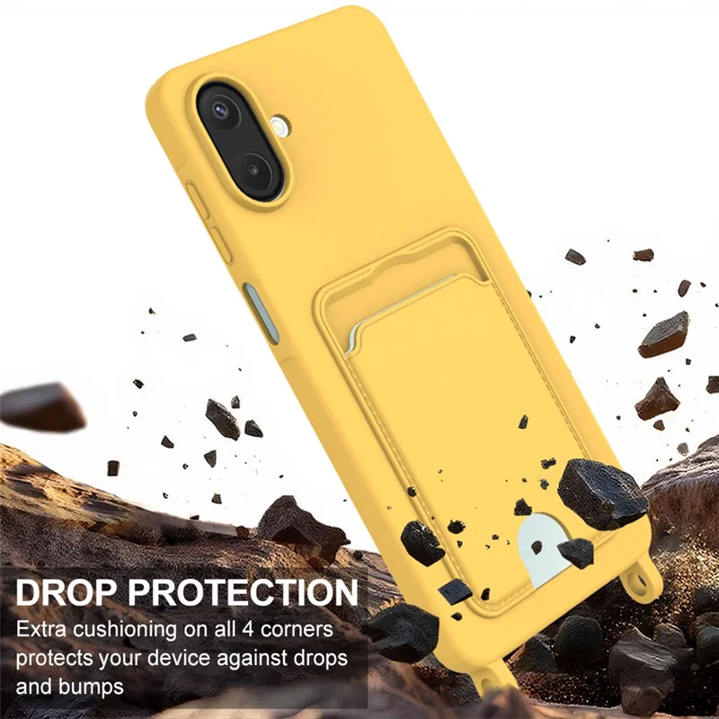 For Samsung Galaxy F07 4G / M07 4G / A07 5G / A07 4G Case Liquid Silicone Card Holder Phone Back Cover with Short Strap - Yellow
