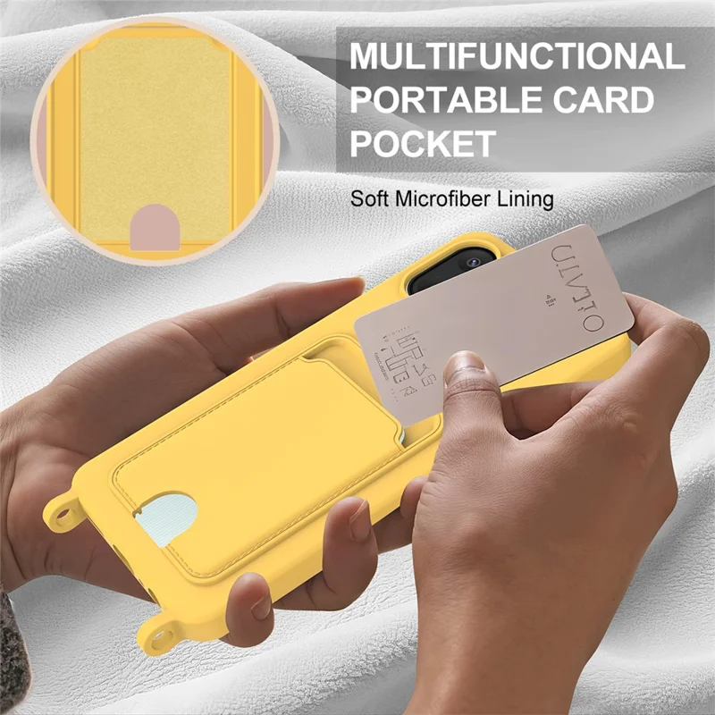 For Samsung Galaxy F07 4G / M07 4G / A07 5G / A07 4G Case Liquid Silicone Card Holder Phone Back Cover with Short Strap - Yellow