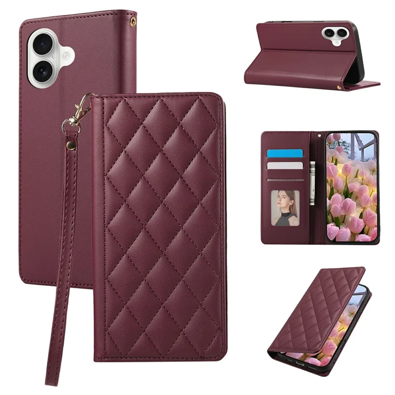 For iPhone 17 Case RFID Blocking Wallet Stand Rhombus Leather Phone Cover with Wrist Strap - Red