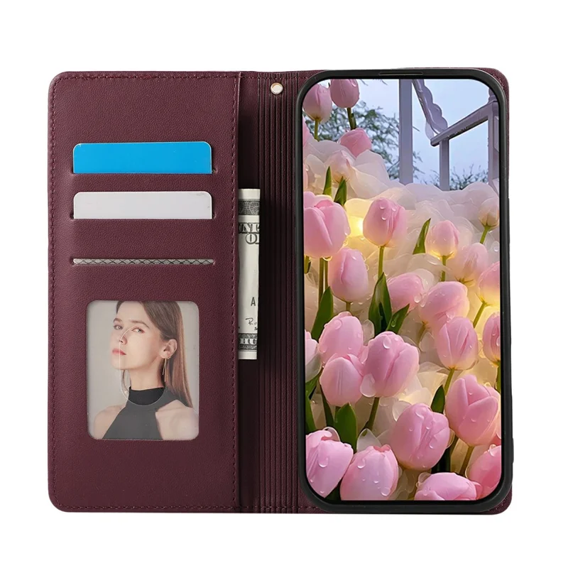 For iPhone 17 Case RFID Blocking Wallet Stand Rhombus Leather Phone Cover with Wrist Strap - Red