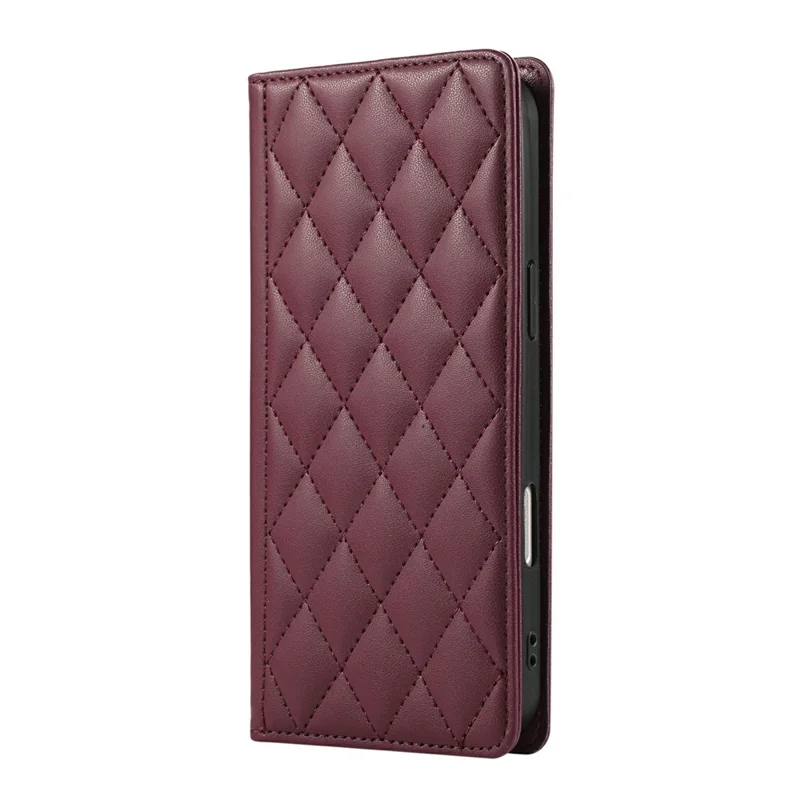 For iPhone 17 Case RFID Blocking Wallet Stand Rhombus Leather Phone Cover with Wrist Strap - Red