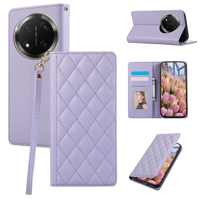 Étui de téléphone pour Honor X60 Pro 5G / X9c 5G / Magic7 Lite 5G Portefeuille Bloquant RFID avec Support et Housse en Cuir Losange avec Dragonne - Violet