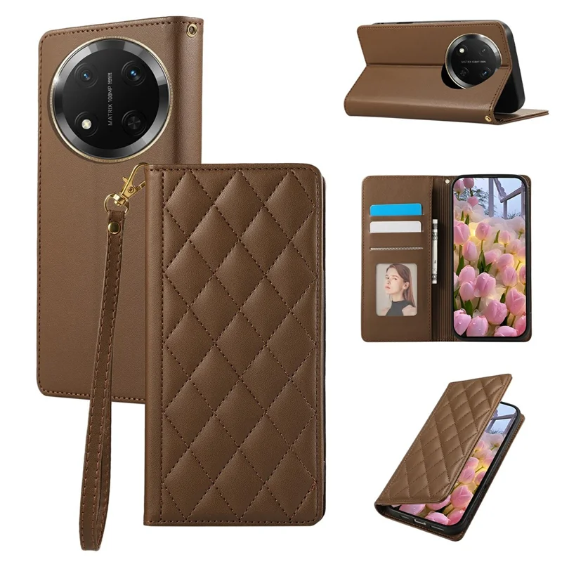 Phone Case For Honor X60 Pro 5G / X9c 5G / Magic7 Lite 5G RFID Blocking Wallet Stand Rhombus Leather Cover with Wrist Strap - Brown