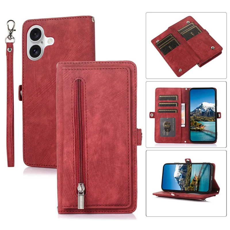 For iPhone 17 Case Zipper Pocket 9 Card Slots PU Leather Phone Cover with Wrist Strap - Red