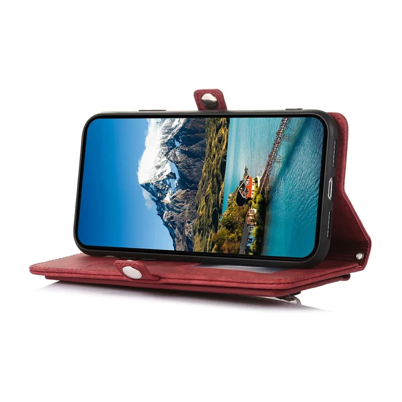 For iPhone 17 Case Zipper Pocket 9 Card Slots PU Leather Phone Cover with Wrist Strap - Red