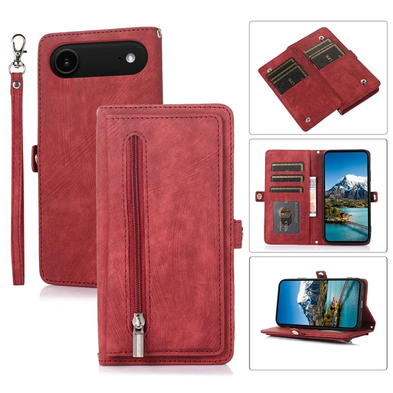 For iPhone Air Case Zipper Pocket 9 Card Slots PU Leather Phone Cover with Wrist Strap - Red