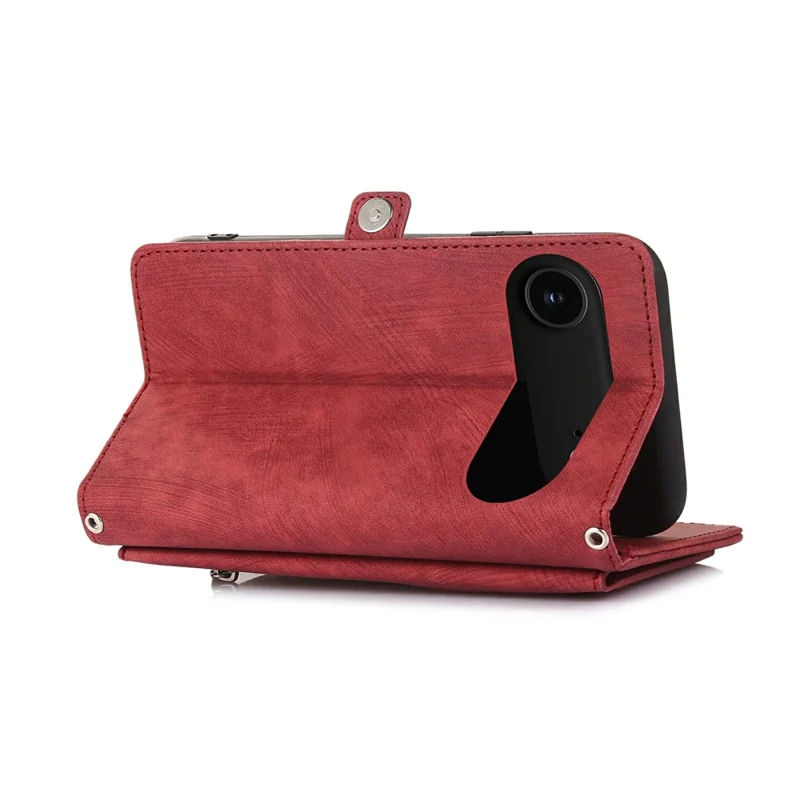 For iPhone Air Case Zipper Pocket 9 Card Slots PU Leather Phone Cover with Wrist Strap - Red