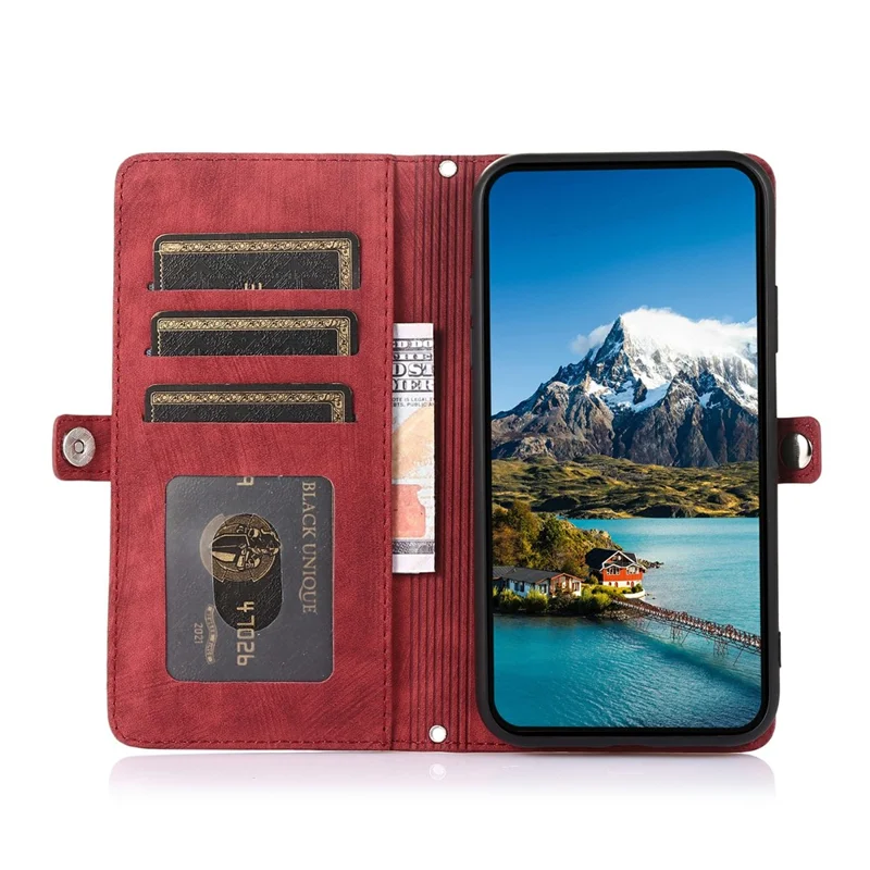 For iPhone Air Case Zipper Pocket 9 Card Slots PU Leather Phone Cover with Wrist Strap - Red