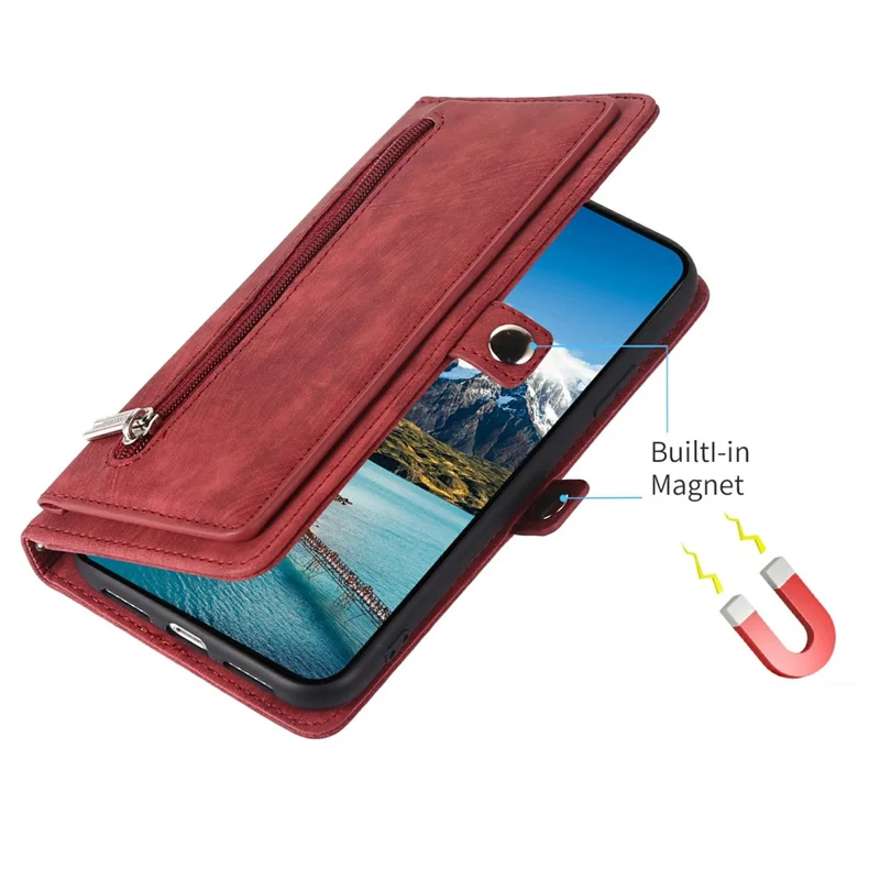 For iPhone Air Case Zipper Pocket 9 Card Slots PU Leather Phone Cover with Wrist Strap - Red