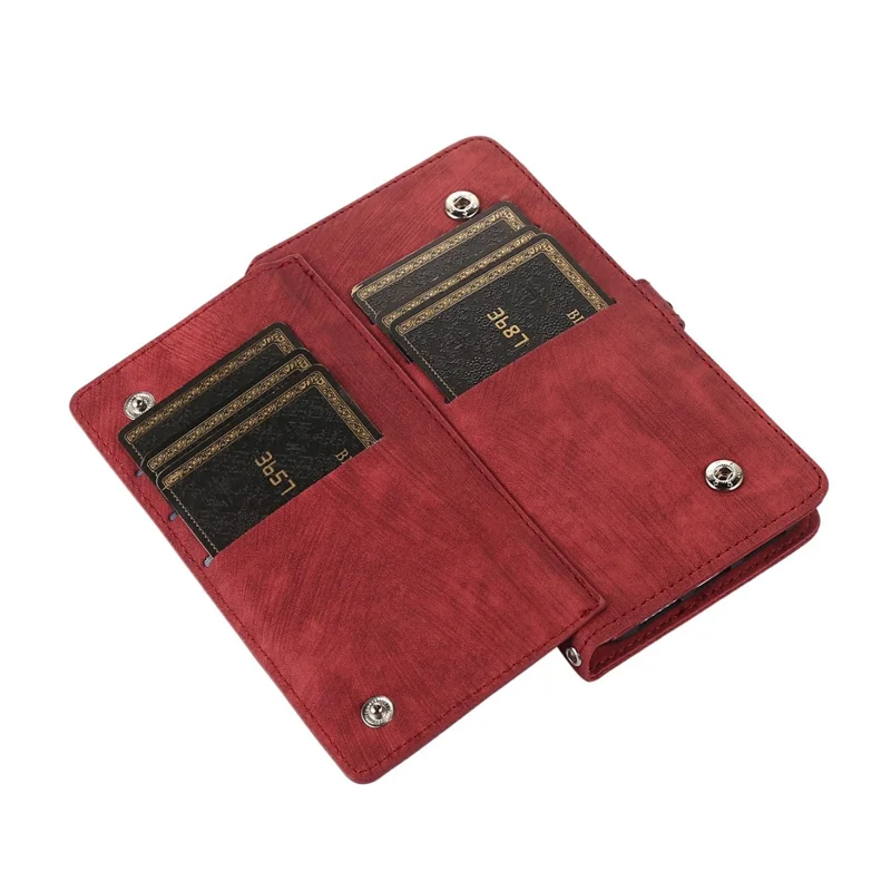 For iPhone Air Case Zipper Pocket 9 Card Slots PU Leather Phone Cover with Wrist Strap - Red