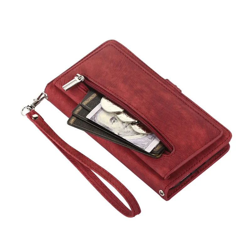 For iPhone Air Case Zipper Pocket 9 Card Slots PU Leather Phone Cover with Wrist Strap - Red