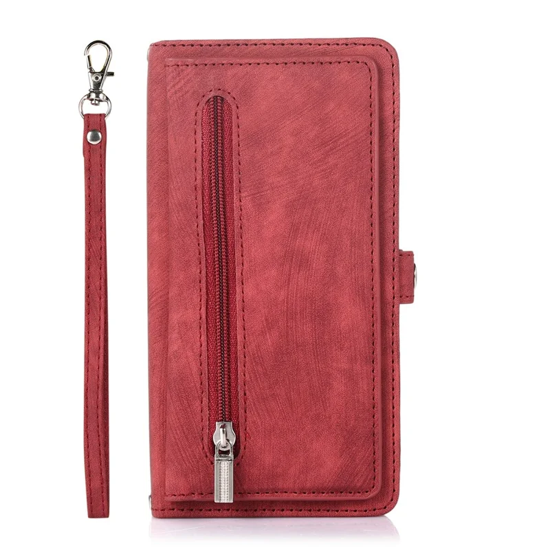 For iPhone Air Case Zipper Pocket 9 Card Slots PU Leather Phone Cover with Wrist Strap - Red