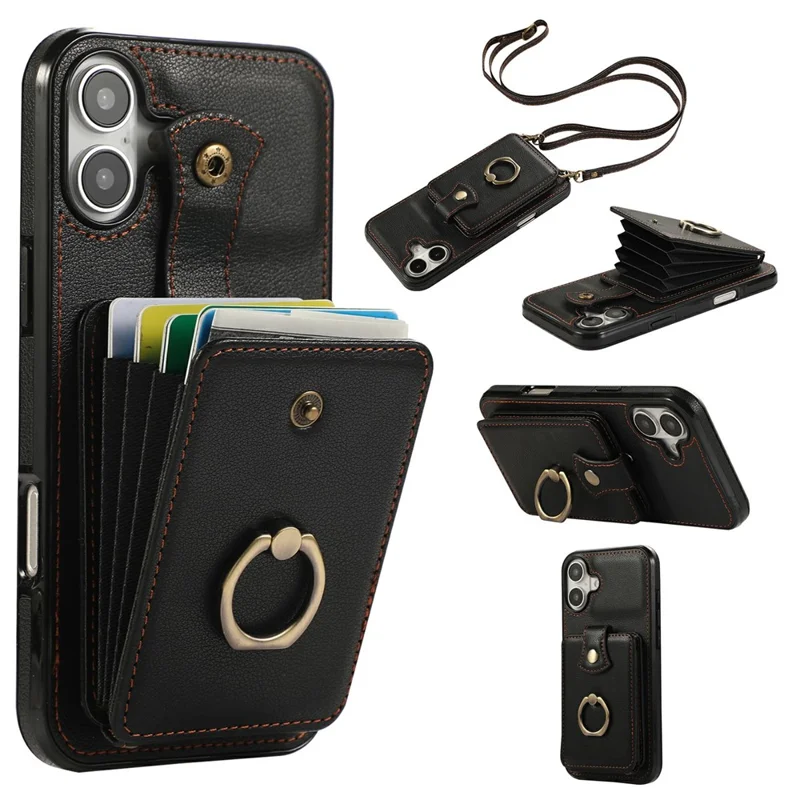 For iPhone 17 Case Card Holder Ring Kickstand TPU + PU Leather Phone Cover with Long Strap - Black