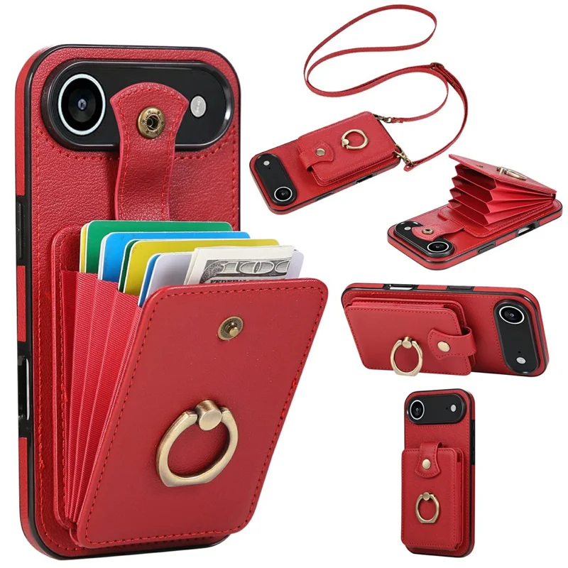 For iPhone Air Case Card Holder Ring Kickstand TPU + PU Leather Phone Cover with Long Strap - Red
