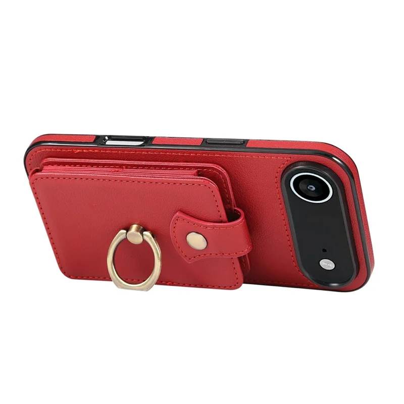 For iPhone Air Case Card Holder Ring Kickstand TPU + PU Leather Phone Cover with Long Strap - Red