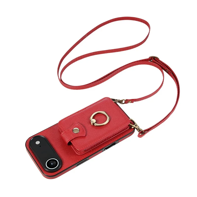 For iPhone Air Case Card Holder Ring Kickstand TPU + PU Leather Phone Cover with Long Strap - Red