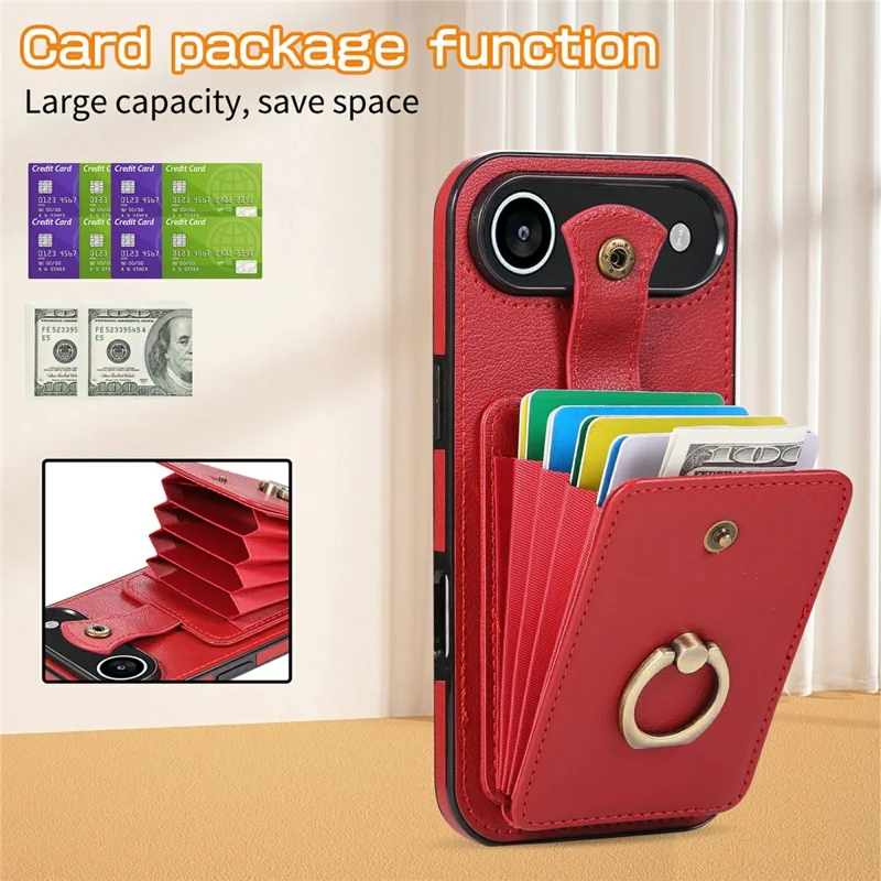 For iPhone Air Case Card Holder Ring Kickstand TPU + PU Leather Phone Cover with Long Strap - Red