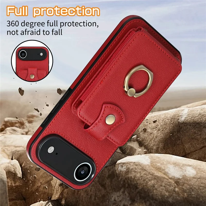 For iPhone Air Case Card Holder Ring Kickstand TPU + PU Leather Phone Cover with Long Strap - Red