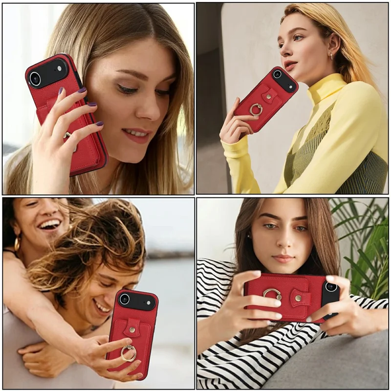 For iPhone Air Case Card Holder Ring Kickstand TPU + PU Leather Phone Cover with Long Strap - Red