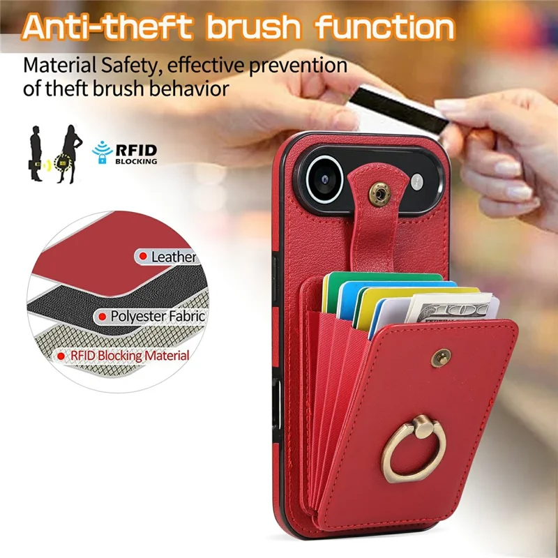 For iPhone Air Case Card Holder Ring Kickstand TPU + PU Leather Phone Cover with Long Strap - Red