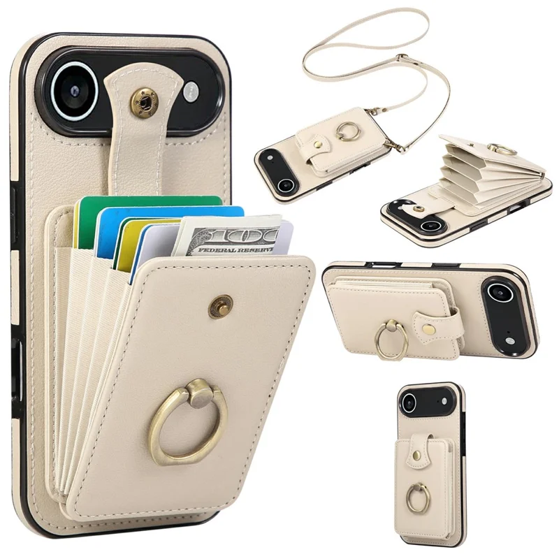 For iPhone Air Case Card Holder Ring Kickstand TPU + PU Leather Phone Cover with Long Strap - Beige