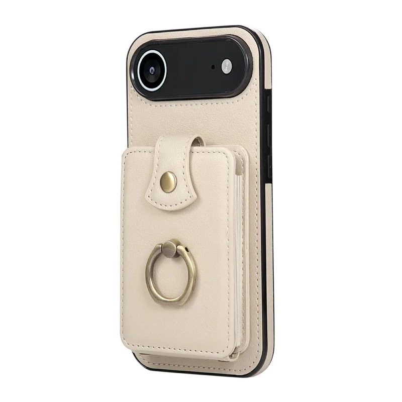 For iPhone Air Case Card Holder Ring Kickstand TPU + PU Leather Phone Cover with Long Strap - Beige