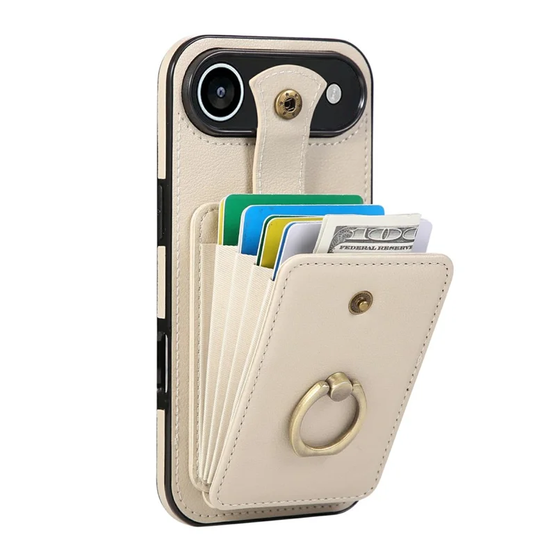 For iPhone Air Case Card Holder Ring Kickstand TPU + PU Leather Phone Cover with Long Strap - Beige