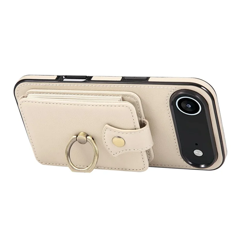 For iPhone Air Case Card Holder Ring Kickstand TPU + PU Leather Phone Cover with Long Strap - Beige