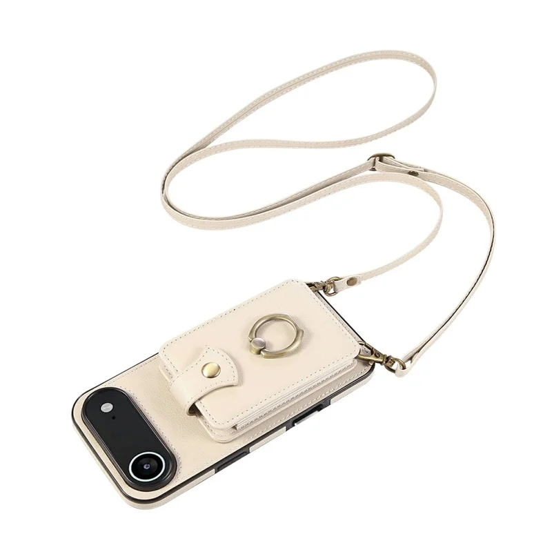 For iPhone Air Case Card Holder Ring Kickstand TPU + PU Leather Phone Cover with Long Strap - Beige