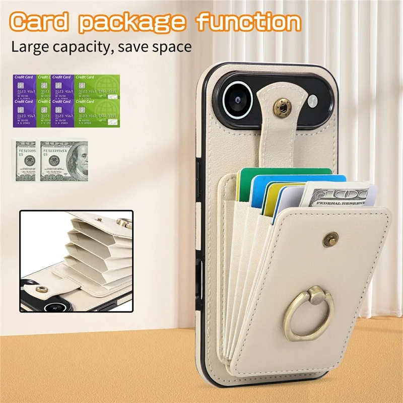 For iPhone Air Case Card Holder Ring Kickstand TPU + PU Leather Phone Cover with Long Strap - Beige