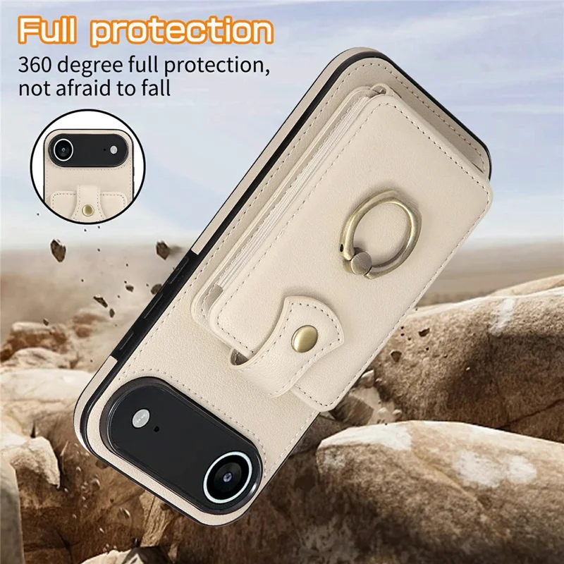 For iPhone Air Case Card Holder Ring Kickstand TPU + PU Leather Phone Cover with Long Strap - Beige