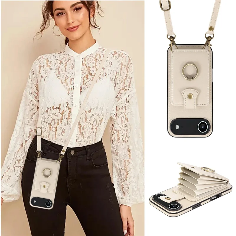 For iPhone Air Case Card Holder Ring Kickstand TPU + PU Leather Phone Cover with Long Strap - Beige