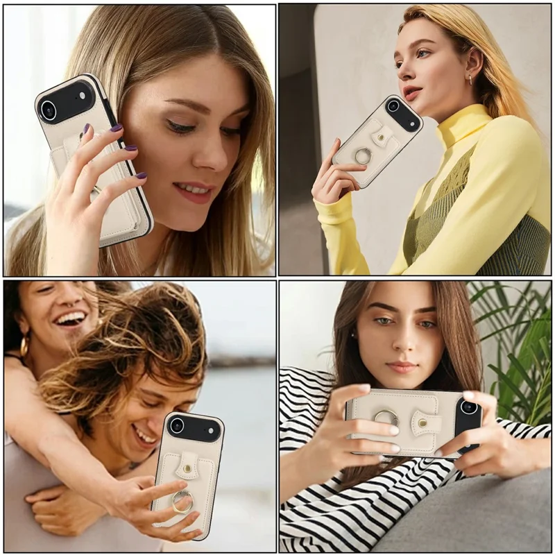 For iPhone Air Case Card Holder Ring Kickstand TPU + PU Leather Phone Cover with Long Strap - Beige