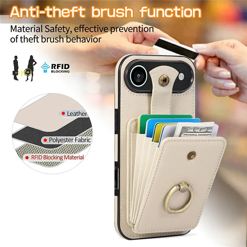 For iPhone Air Case Card Holder Ring Kickstand TPU + PU Leather Phone Cover with Long Strap - Beige