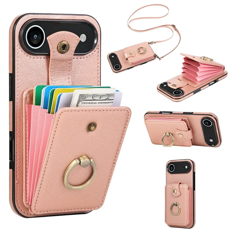 For iPhone Air Case Card Holder Ring Kickstand TPU + PU Leather Phone Cover with Long Strap - Rose Gold