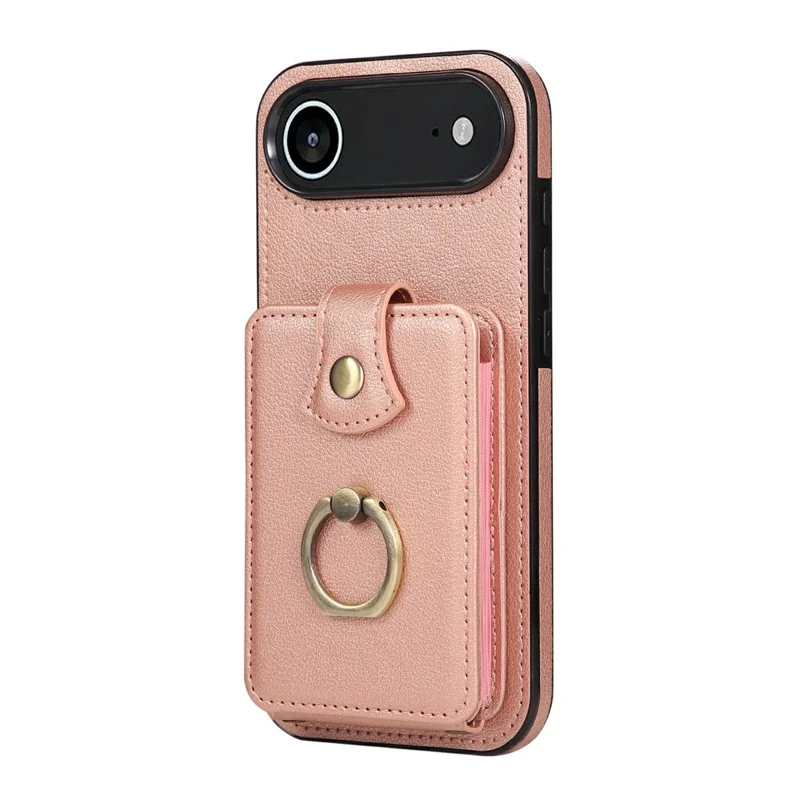 For iPhone Air Case Card Holder Ring Kickstand TPU + PU Leather Phone Cover with Long Strap - Rose Gold