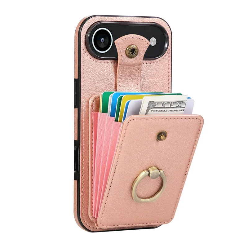 For iPhone Air Case Card Holder Ring Kickstand TPU + PU Leather Phone Cover with Long Strap - Rose Gold