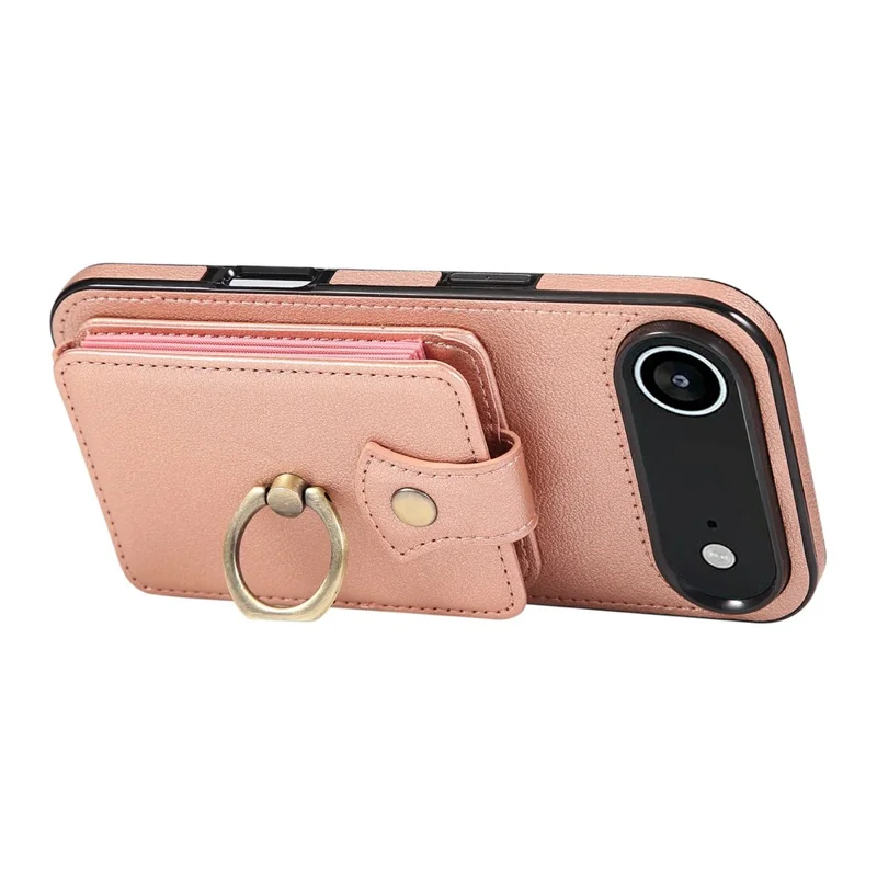 For iPhone Air Case Card Holder Ring Kickstand TPU + PU Leather Phone Cover with Long Strap - Rose Gold