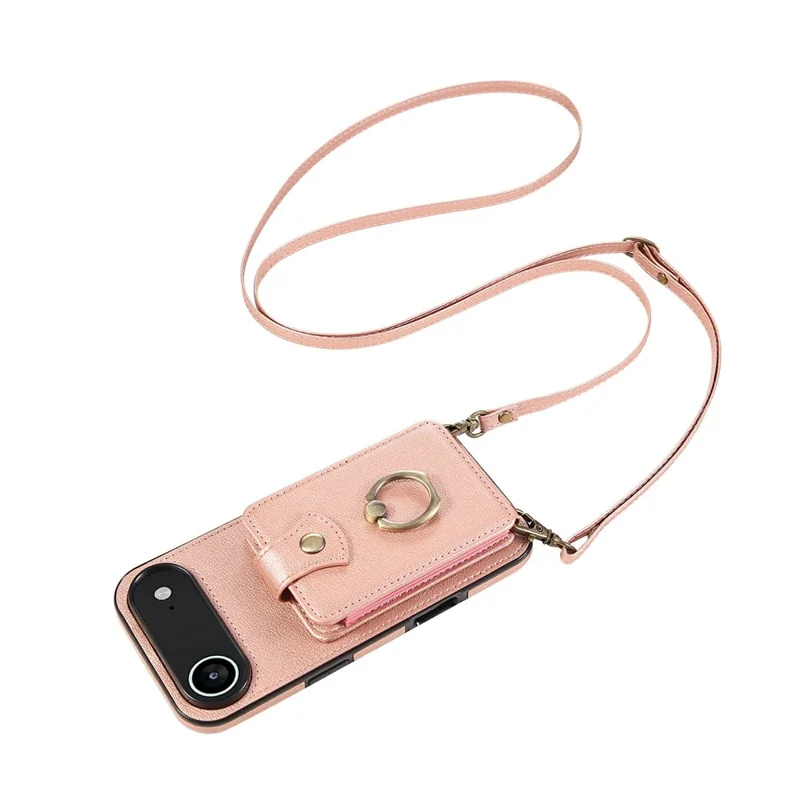 For iPhone Air Case Card Holder Ring Kickstand TPU + PU Leather Phone Cover with Long Strap - Rose Gold