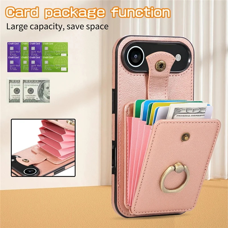 For iPhone Air Case Card Holder Ring Kickstand TPU + PU Leather Phone Cover with Long Strap - Rose Gold