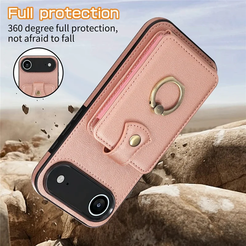 For iPhone Air Case Card Holder Ring Kickstand TPU + PU Leather Phone Cover with Long Strap - Rose Gold