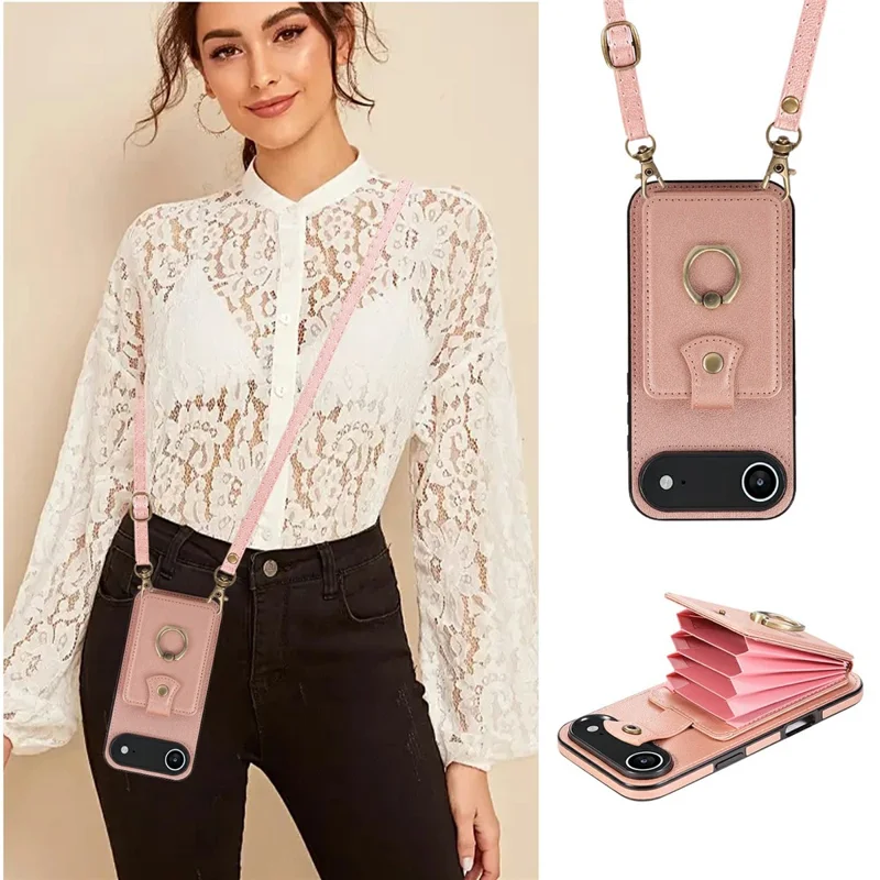 For iPhone Air Case Card Holder Ring Kickstand TPU + PU Leather Phone Cover with Long Strap - Rose Gold