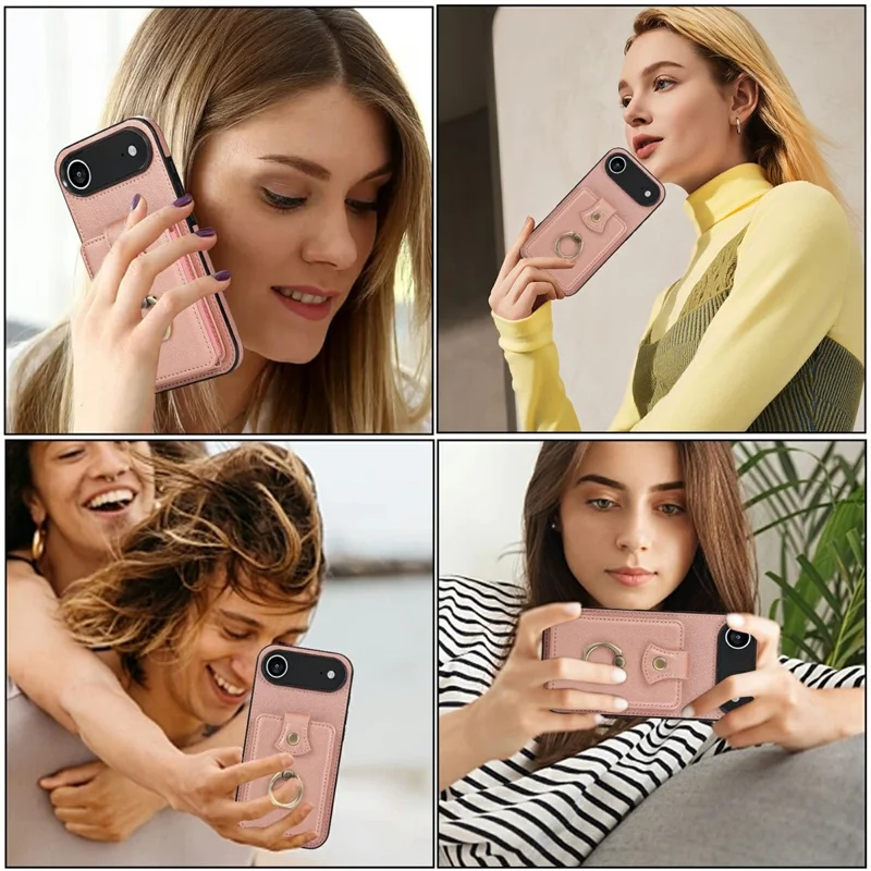 For iPhone Air Case Card Holder Ring Kickstand TPU + PU Leather Phone Cover with Long Strap - Rose Gold
