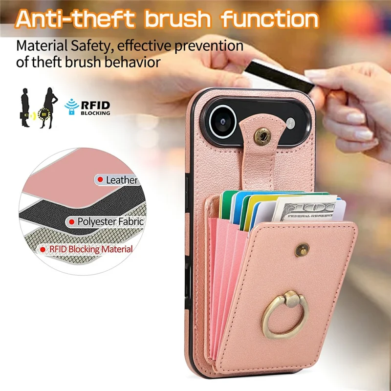 For iPhone Air Case Card Holder Ring Kickstand TPU + PU Leather Phone Cover with Long Strap - Rose Gold