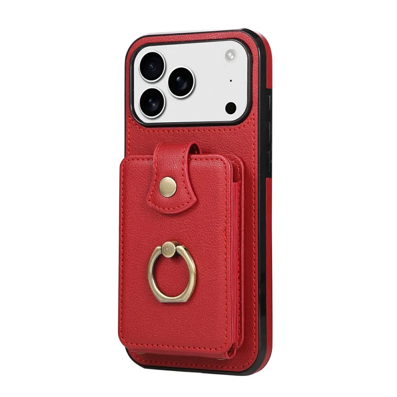 For iPhone 18 Pro / 17 Pro Case Card Holder Ring Kickstand TPU + PU Leather Phone Cover with Long Strap - Red