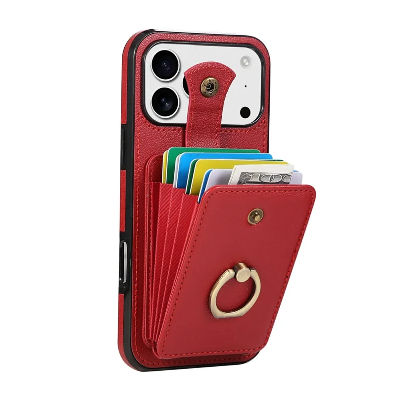 For iPhone 18 Pro / 17 Pro Case Card Holder Ring Kickstand TPU + PU Leather Phone Cover with Long Strap - Red