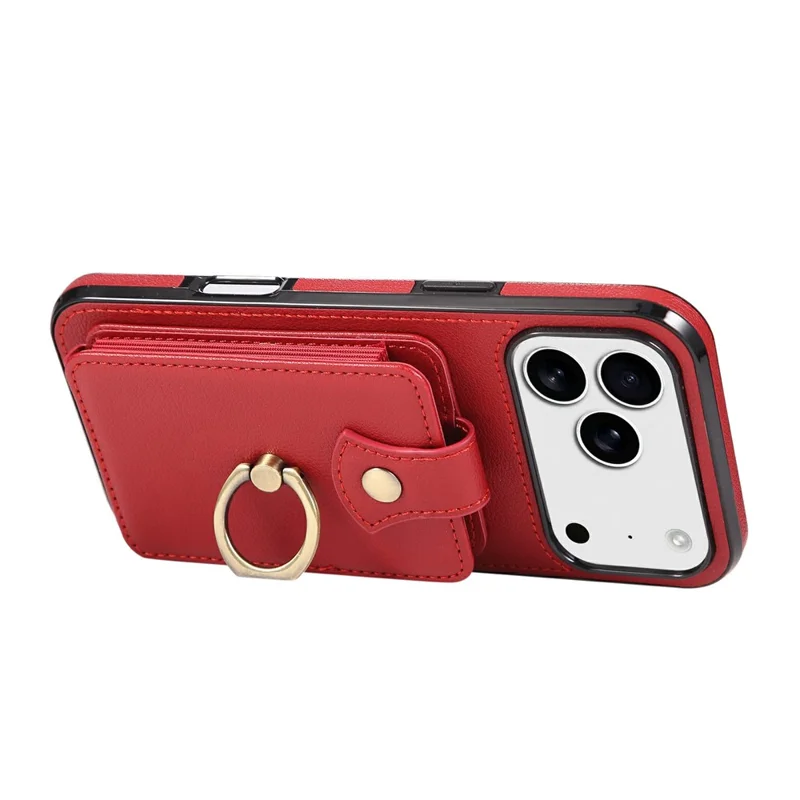 For iPhone 18 Pro / 17 Pro Case Card Holder Ring Kickstand TPU + PU Leather Phone Cover with Long Strap - Red