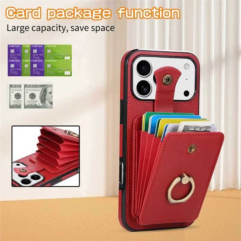 For iPhone 18 Pro / 17 Pro Case Card Holder Ring Kickstand TPU + PU Leather Phone Cover with Long Strap - Red