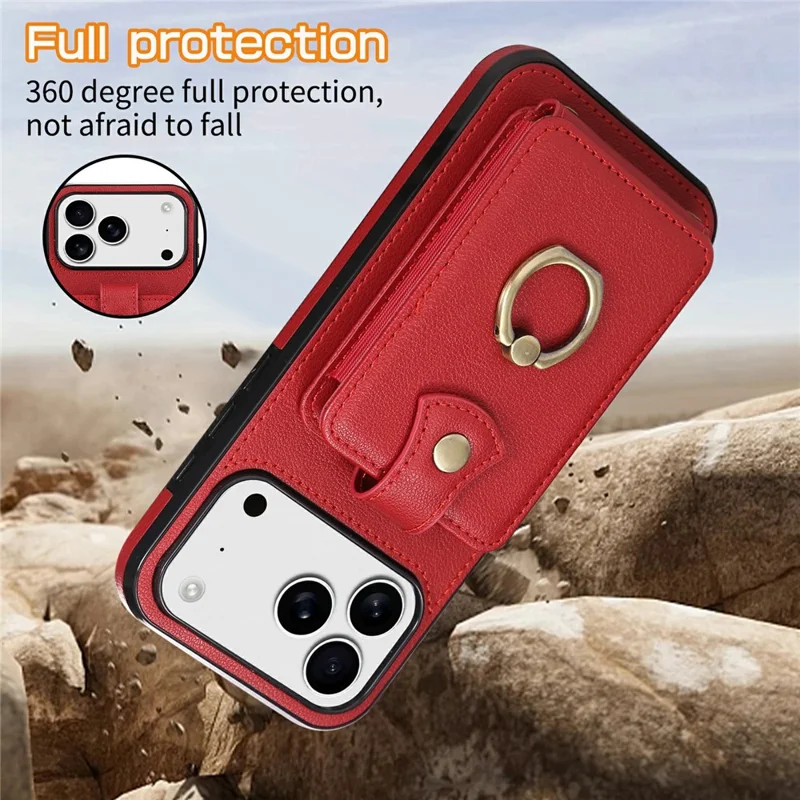 For iPhone 18 Pro / 17 Pro Case Card Holder Ring Kickstand TPU + PU Leather Phone Cover with Long Strap - Red