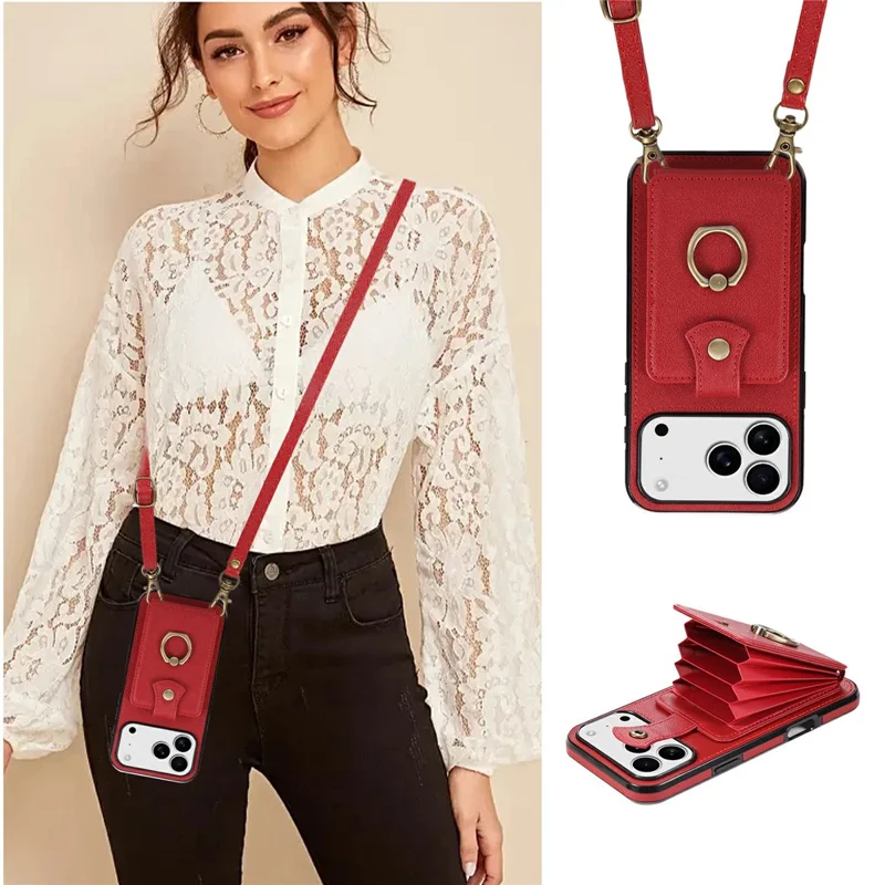 For iPhone 18 Pro / 17 Pro Case Card Holder Ring Kickstand TPU + PU Leather Phone Cover with Long Strap - Red